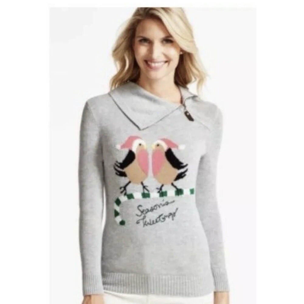 Talbots Gray Love Birds Seasons Tweetings Sweater Size 3X Holiday Boxy Top